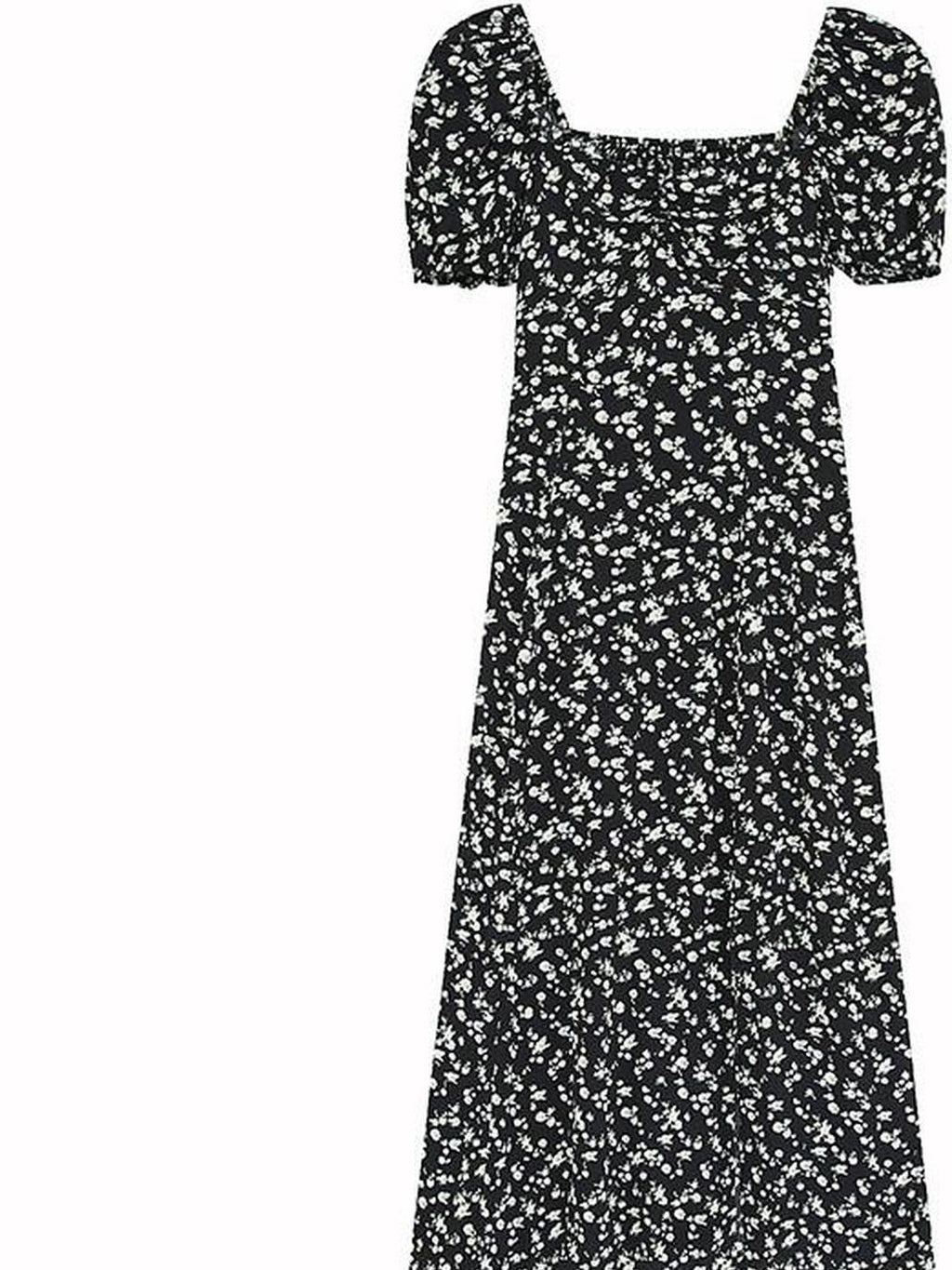 fano Viscose Square Neck Puff Sleeve A Line Casual Black Floral Maxi Dresses