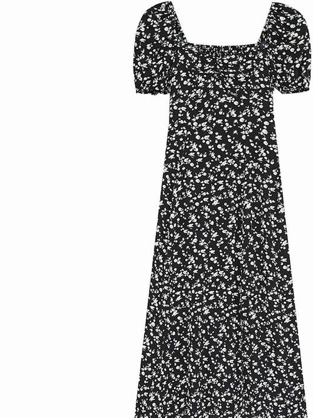 fano Viscose Square Neck Puff Sleeve A Line Casual Black Floral Maxi Dresses
