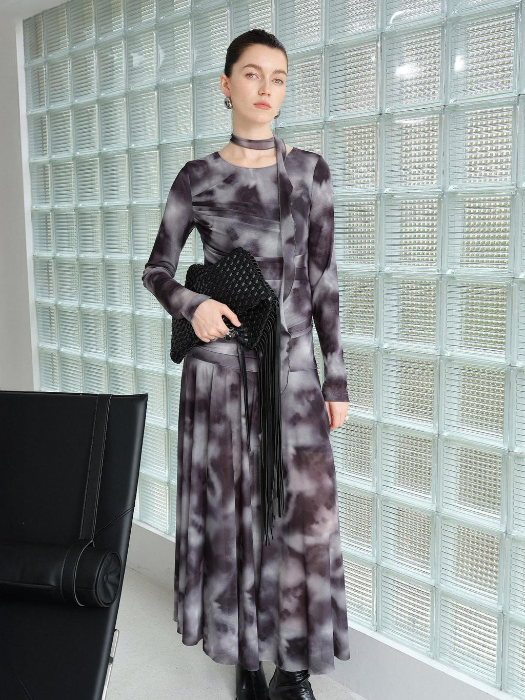 audreyyang Elegant Sash Fitted Knit Long Sleeve Grey Ombre Maxi Dresses