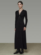 unspoken Lyocell Knit Lace Trim Fitted Waist Minimal Commuter V-neck Maxi Dresses