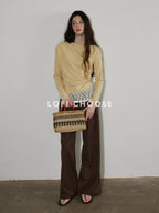 Lofi choose Cream Knit Paneled Relaxed Fit One Shoulder Women Long Sleeve T-Shirts