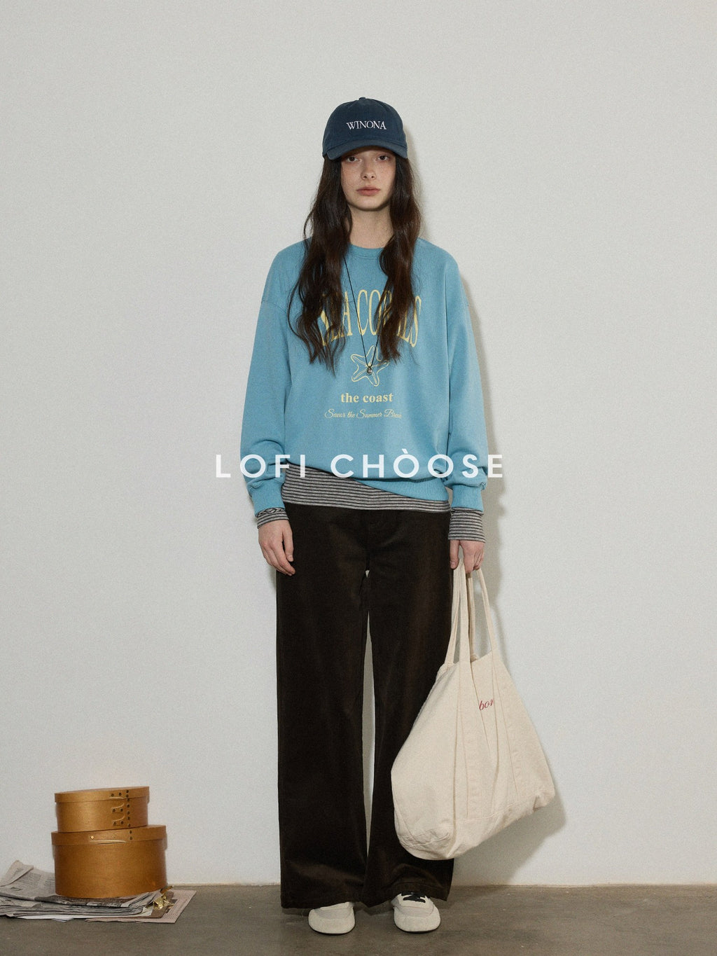 Lofi choose Cotton Blend Relaxed Crewneck Women Office Letter Print Blue Grey Sweatshirt