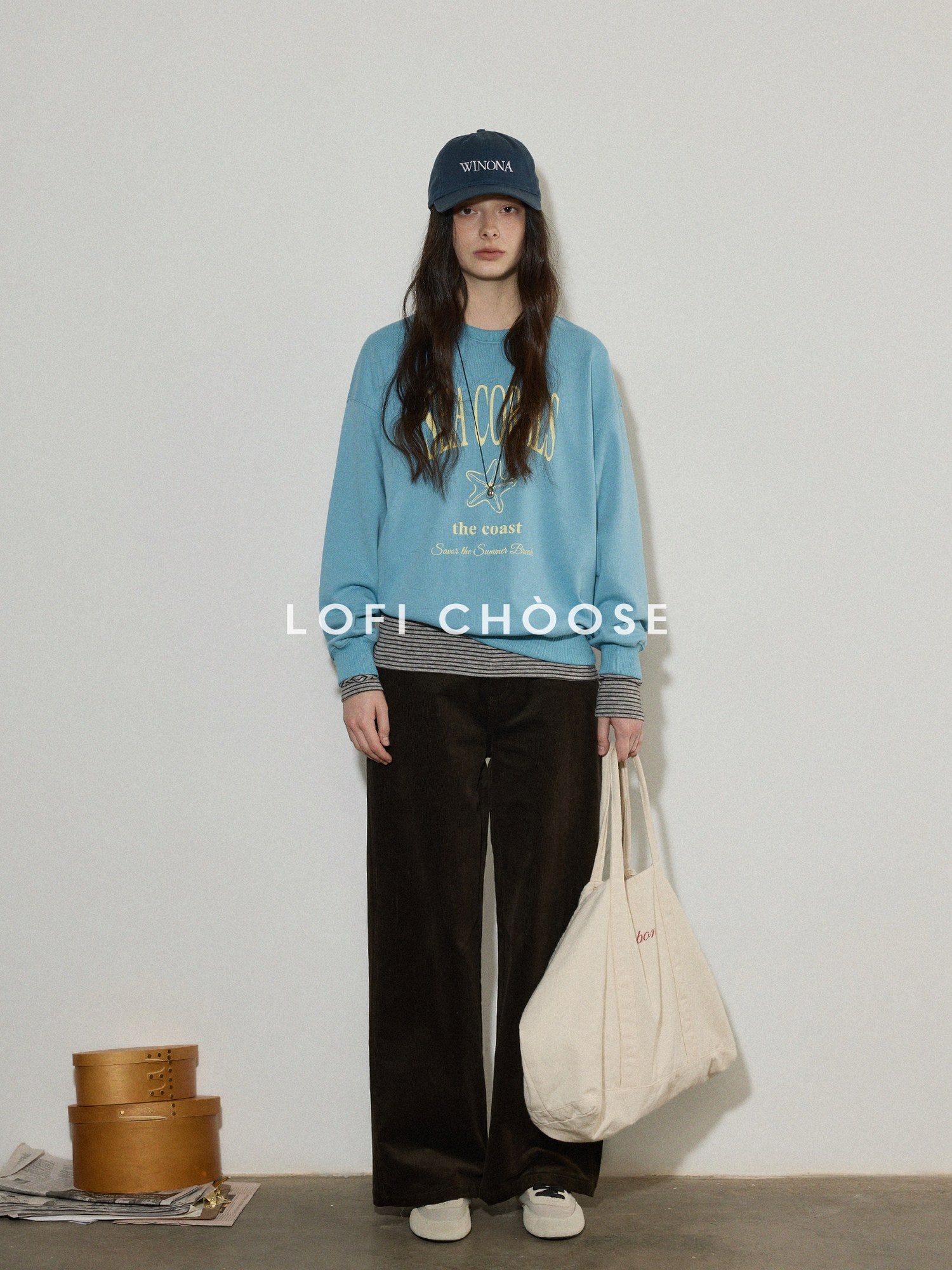 Lofi choose Cotton Blend Relaxed Crewneck Women Office Letter Print Blue Grey Sweatshirt