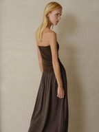 someonesometimes Tencel Modal Splice Slim Off Shoulder Strapless Casual Taupe Maxi Dresses