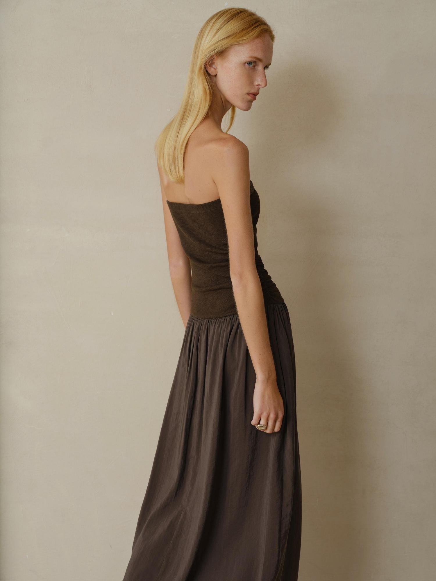 someonesometimes Tencel Modal Splice Slim Off Shoulder Strapless Casual Taupe Maxi Dresses