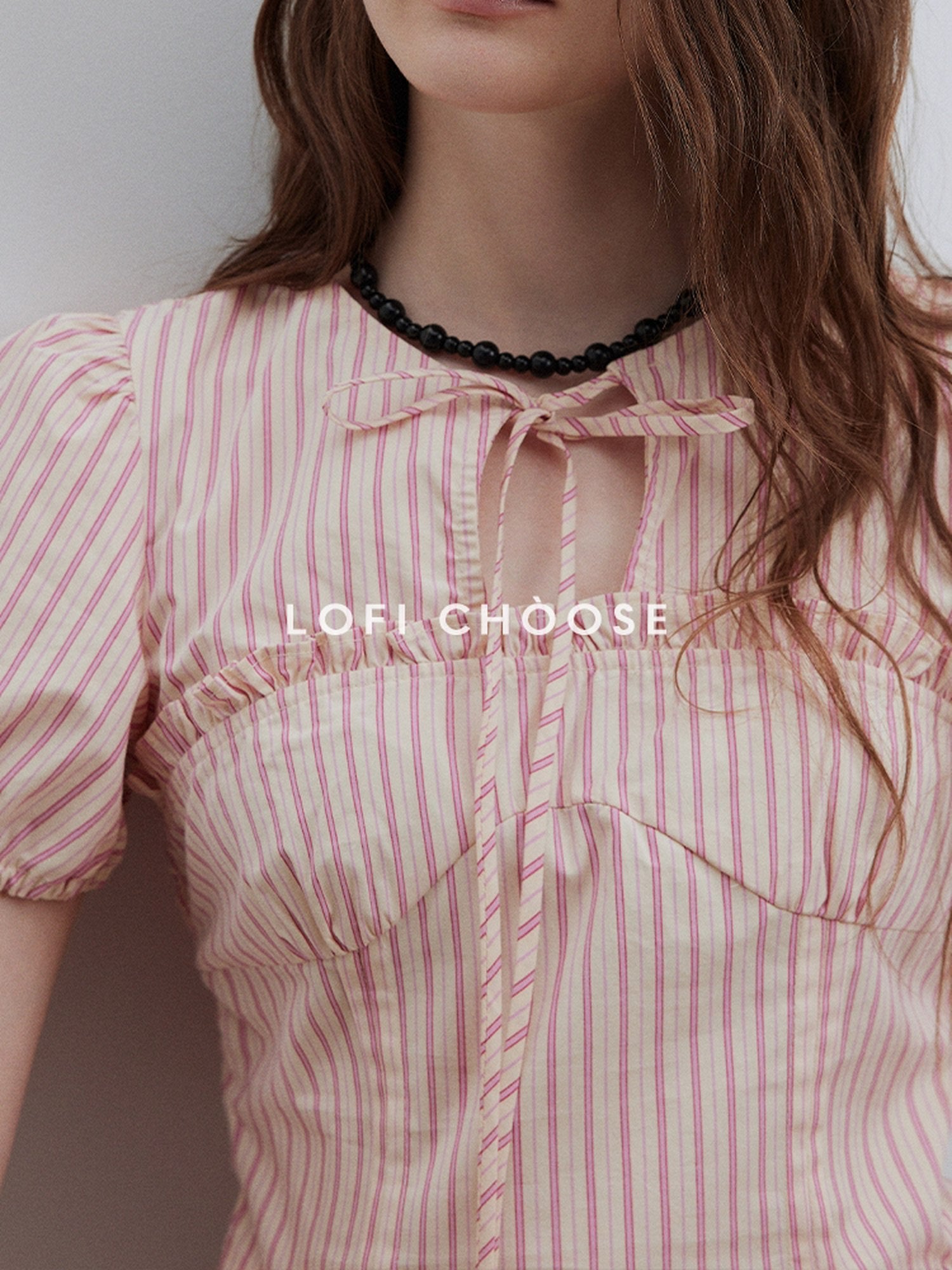 Lofi choose Puff Sleeve Tie Neck Loose Fit Office Workwear Short Sleeve White Pink Blouses
