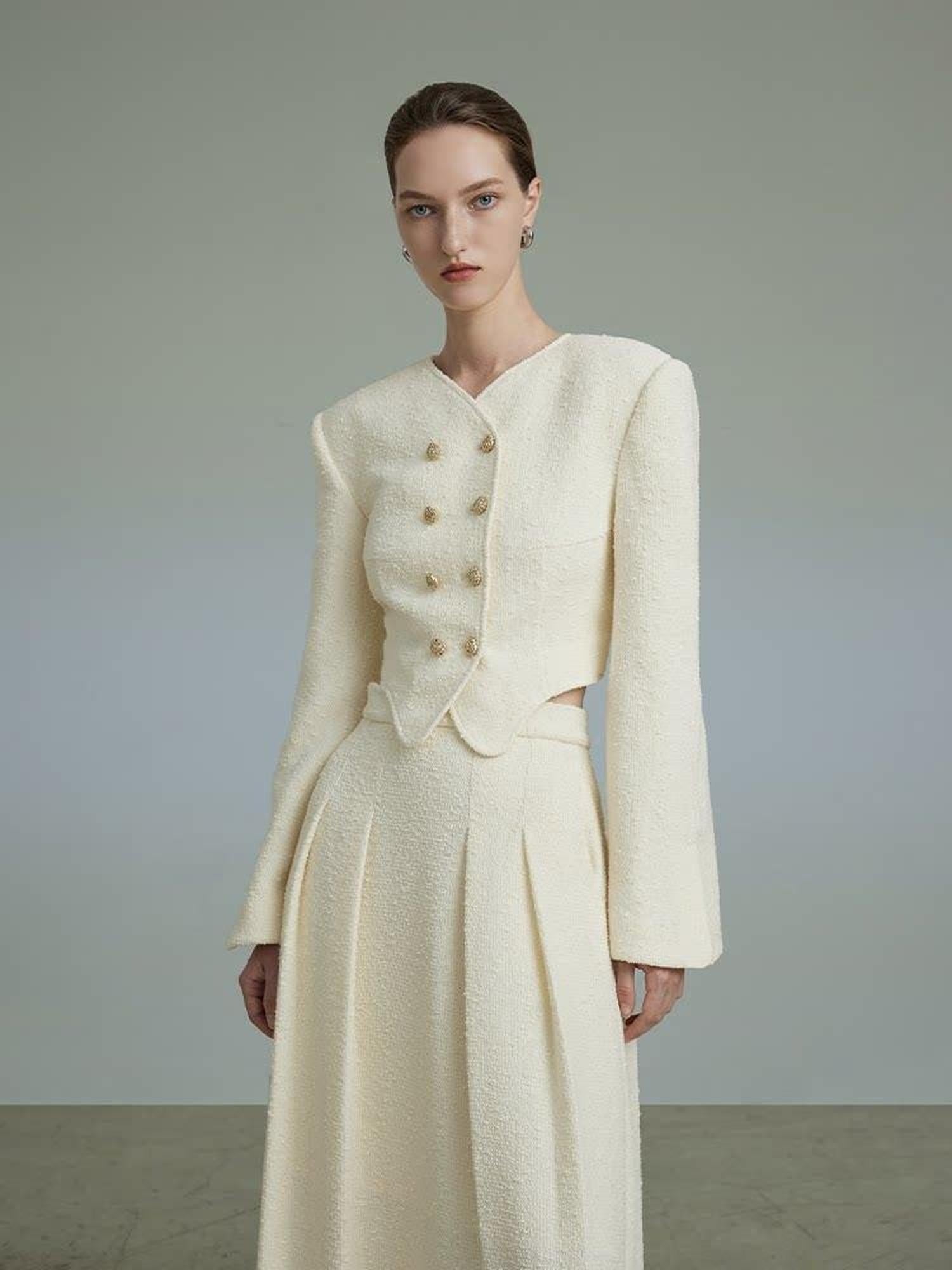 unspoken Original Design Double Breasted Cream Straight Fit Long Sleeve Top & Skirt Sets