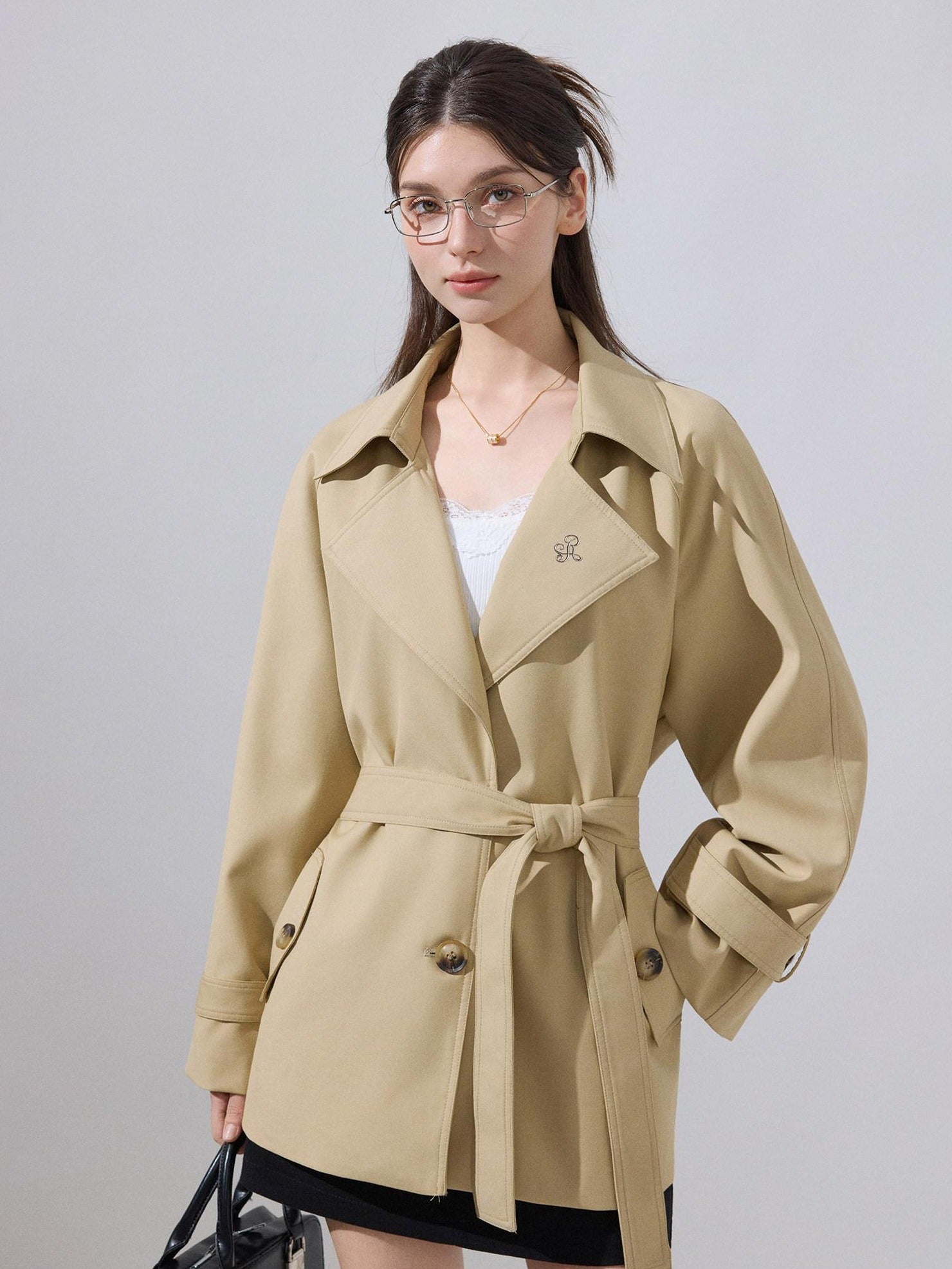 ikyou Lightweight Khaki High Waist Belted Artistic Lapel Women Trench Coats