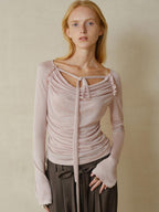 someonesometimes Lyocell Blend Slim Ruched Bell Sleeve Mauve Drape Neck Long Sleeve T-Shirts