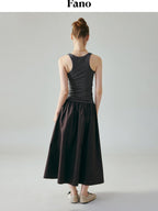 fano Soft 100 Percent Cotton Aline Mid Waist Flowy Korean Plain Brown Maxi Skirts