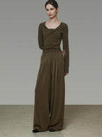unspoken High Waist Breathable Tailored Loose Solid Brown Green Women Wide Leg Pants