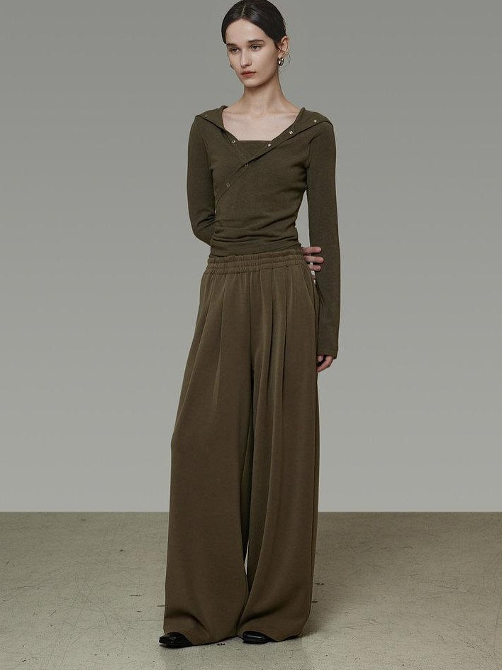unspoken High Waist Breathable Tailored Loose Solid Brown Green Women Wide Leg Pants