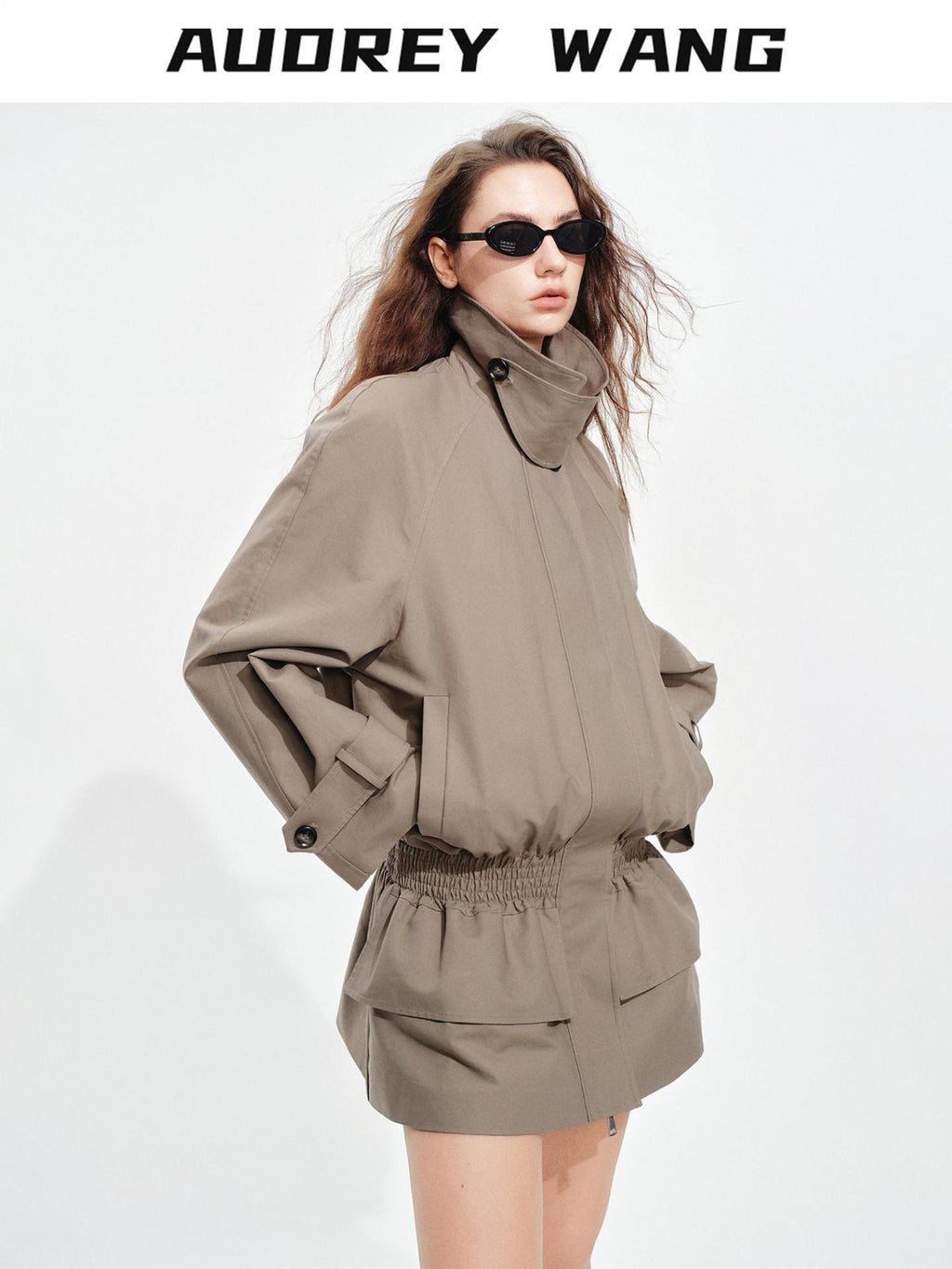 audreyyang Ruched Cotton Mid Length Zip Elastic Hem Long Sleeve Women Gray Cropped Jackets