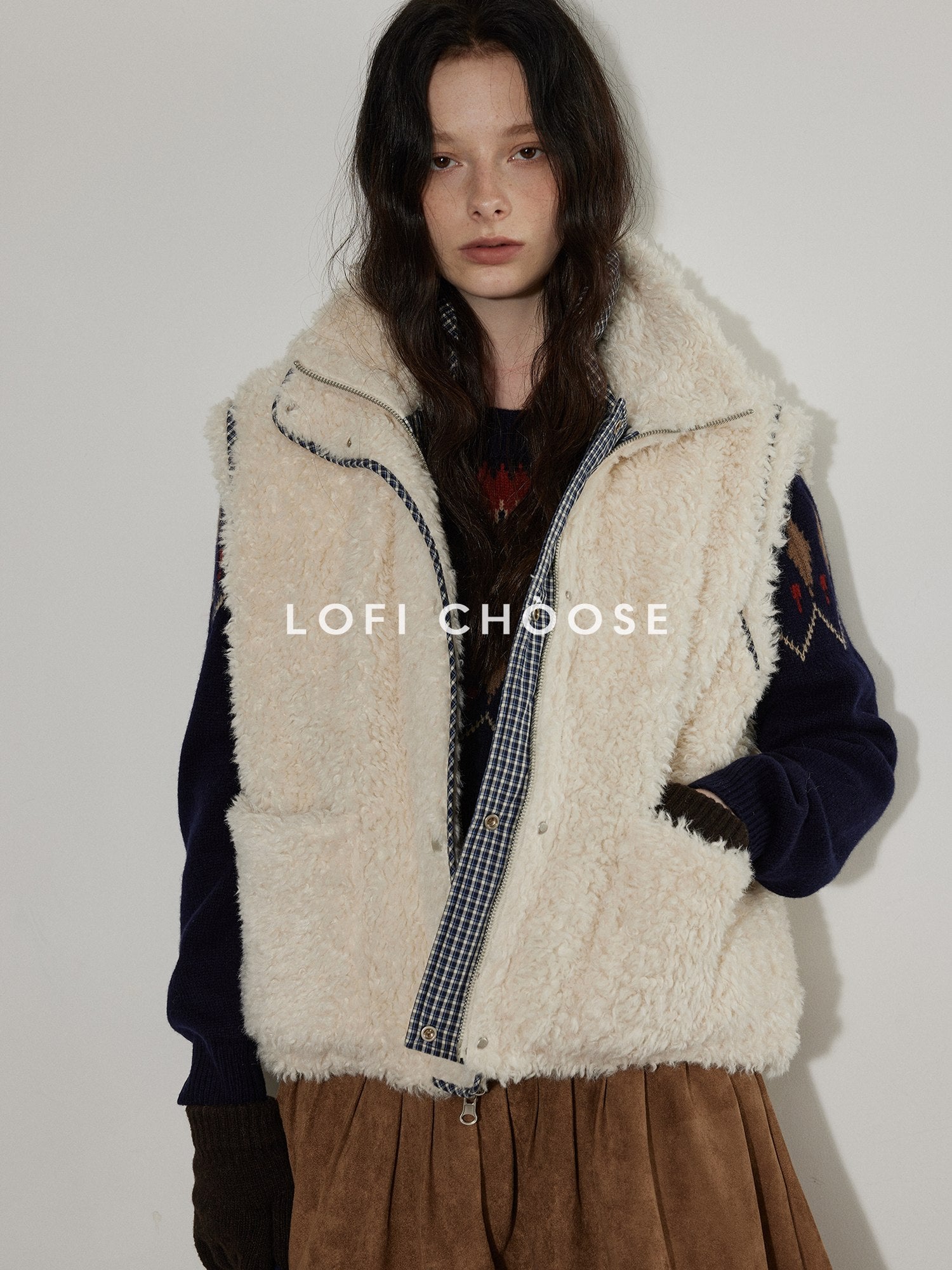 Lofi choose Warm Thick White Duck Down Loose Commuter Lapel Collar Zipper Blue Vests