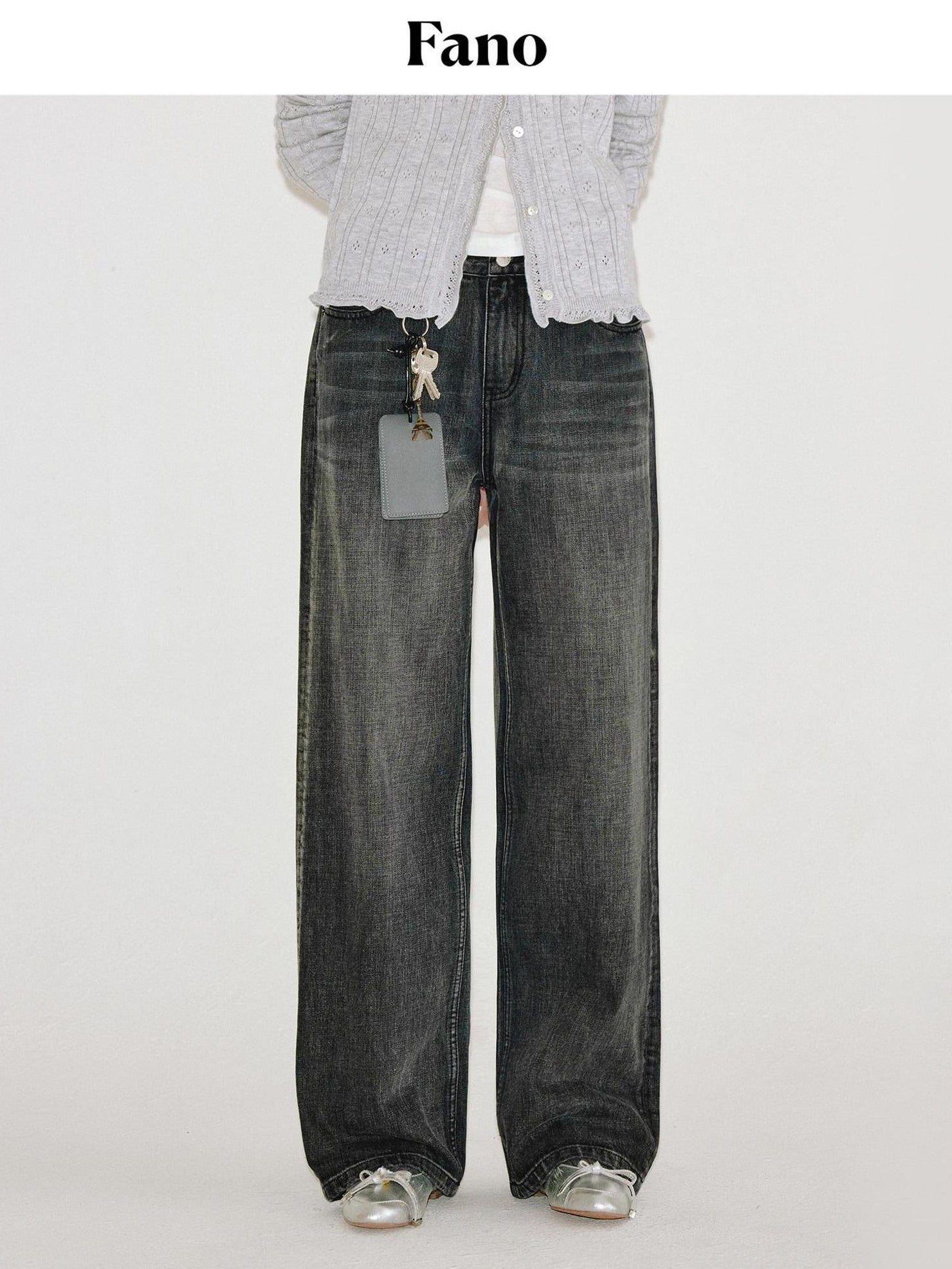 fano Washed Vintage Cotton Mid Rise Nonstretch Youth Charcoal Straight Leg Jeans