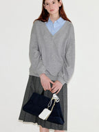 fano Soft Cotton Blend Colorblock Polo Collar Loose Knit Pullover Women Sweaters