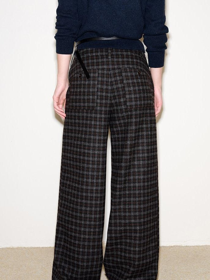 fano Wool Blend Plaid Relaxed Natural Waist Elastic Pocket Women Straight Pants