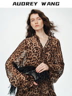 audreyyang Silk Blend Leopard Print A Line Fitted Waist Long Sleeve Vacation Maxi Dresses