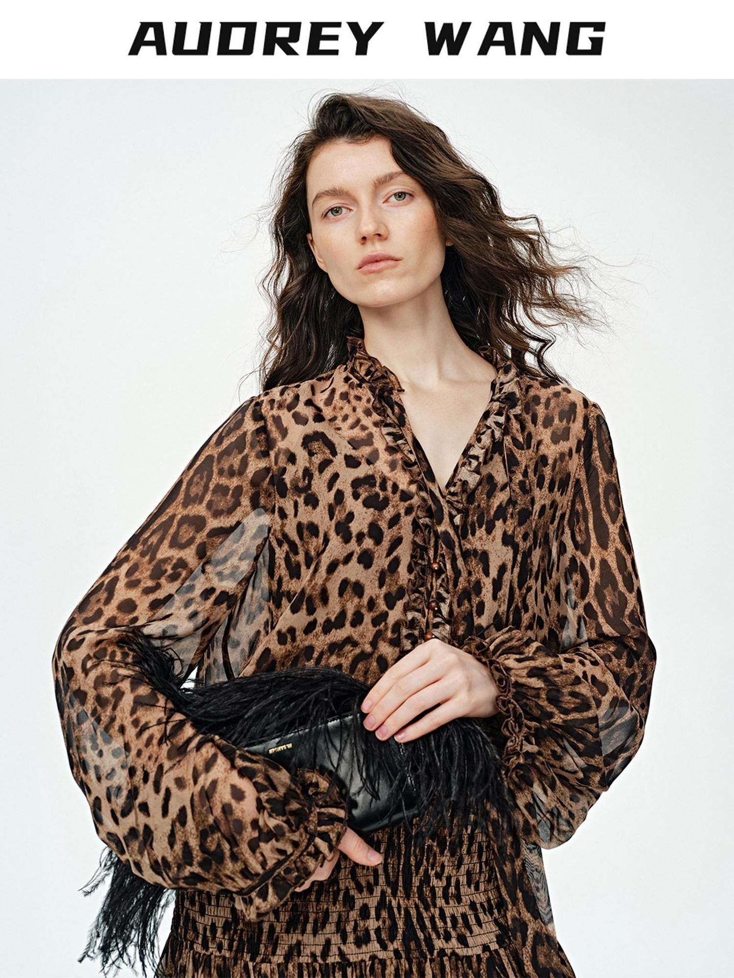audreyyang Silk Blend Leopard Print A Line Fitted Waist Long Sleeve Vacation Maxi Dresses