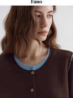 fano Pure Wool Commuter Regular Fit Roundneck Colorblock Women Brown Knit Cardigans