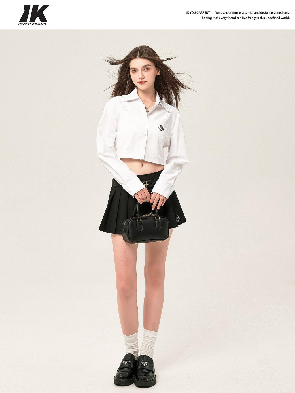 ikyou Embroidered Square Neck Long Sleeve Straight Minimal Poly Cotton Basic Crop Tops