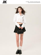 ikyou Embroidered Square Neck Long Sleeve Straight Minimal Poly Cotton Basic Crop Tops