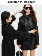 audreyyang Sheepskin Leather Cinched Waist French Tie Neck A Line Work Date Midi Dresses