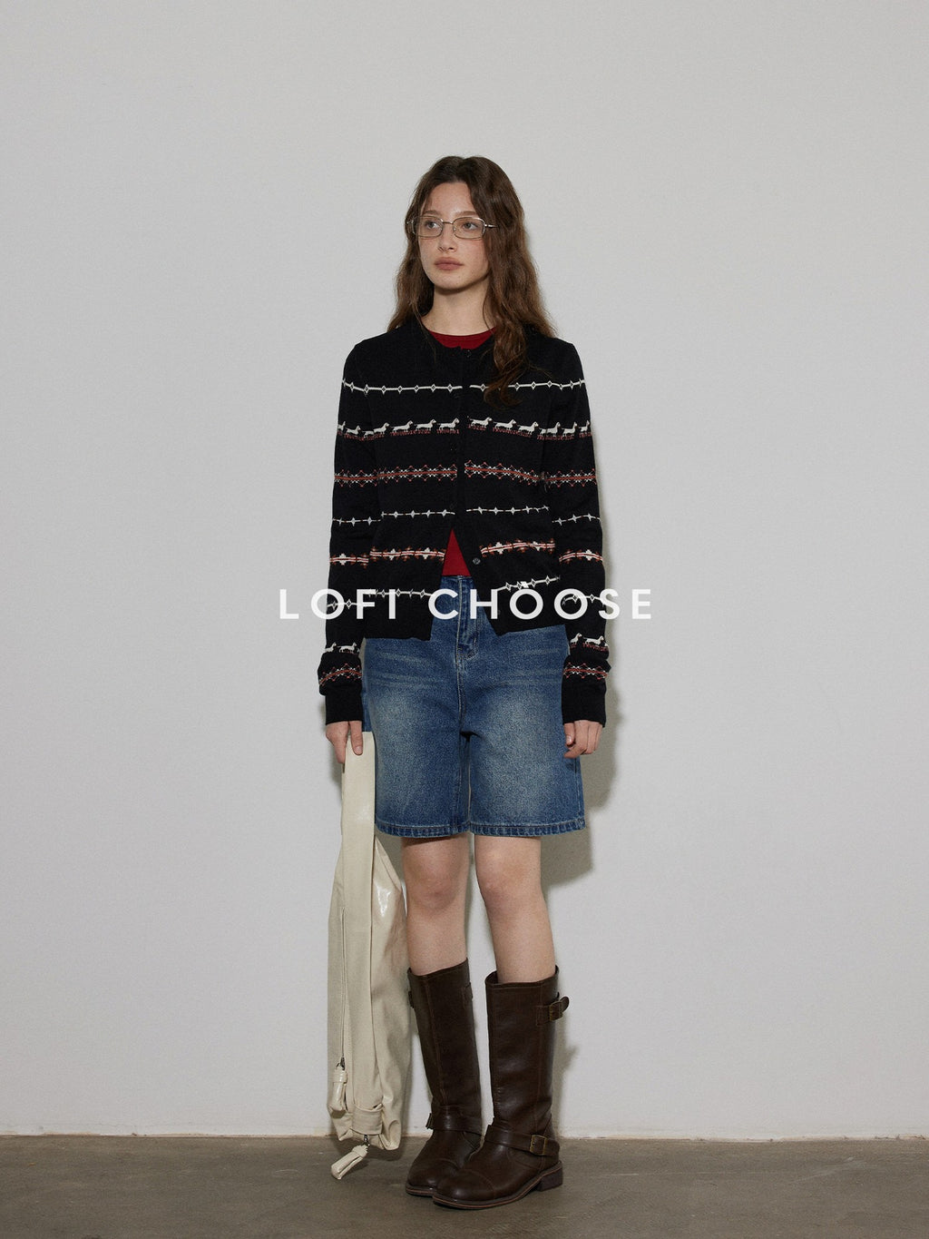 Lofi choose Stretch Animal Print Loose Casual Long Sleeve Crew Neck Women Black Cardigans