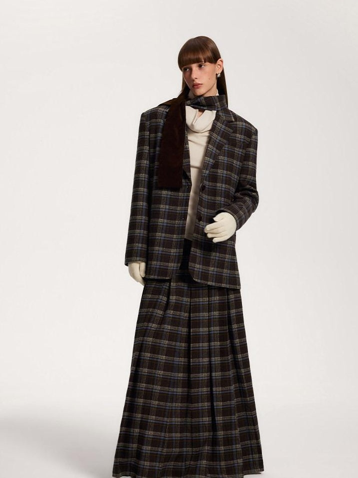 someone sometimes Original Design Plaid V-neck Long Sleeve Polyester Office Chic Top & Skirt Sets