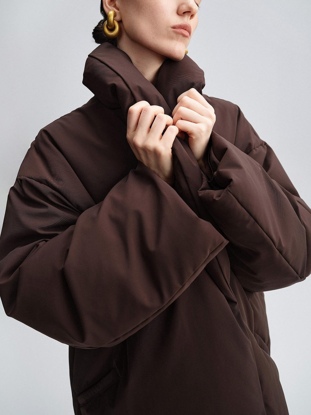 audreyyang Warm 90% Duck Down Loose Casual Stand Collar Women Chocolate Brown Down Jackets