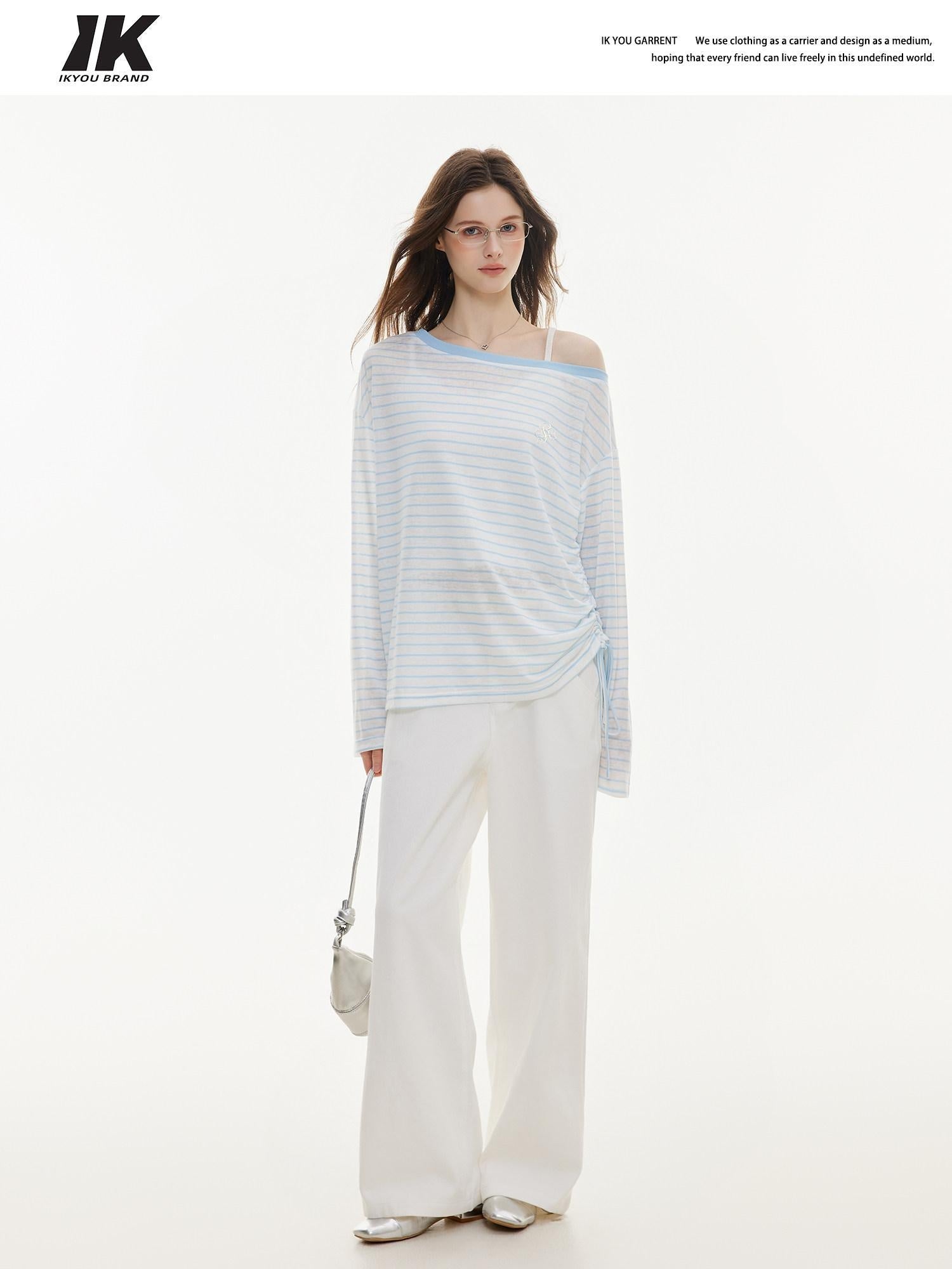 ikyou Cooling Lyocell Loose Embroidered Women Blue Striped Long Sleeve T-Shirts