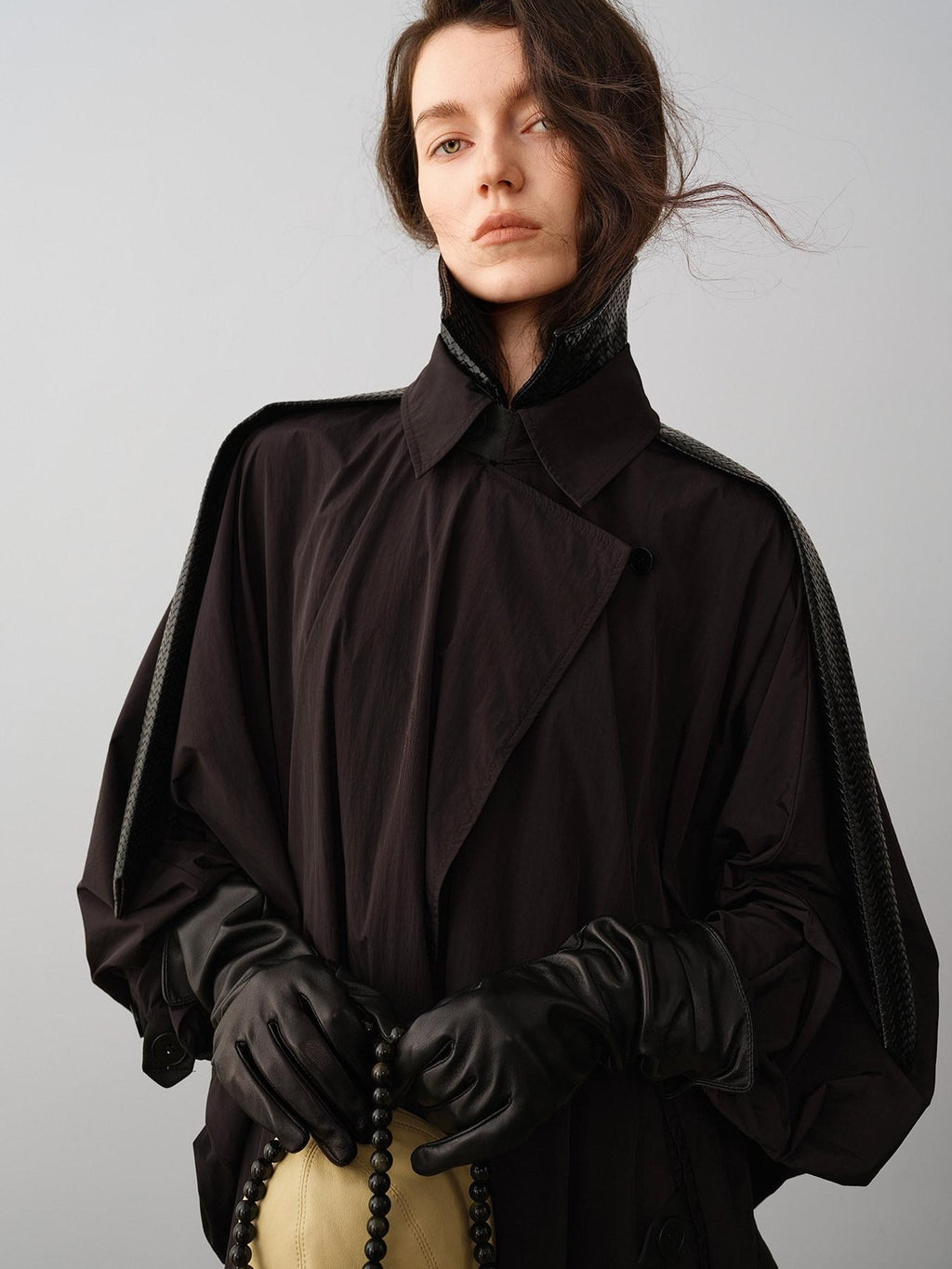 audreyyang Long Polyamide Patchwork Trench Decorative Tabs Women Black Trench Coats