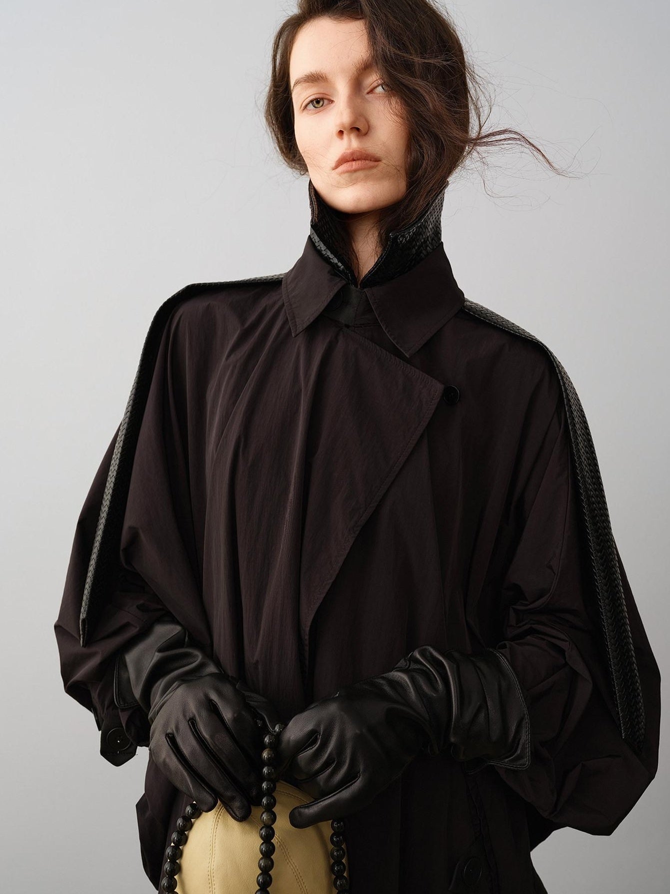 audreyyang Long Polyamide Patchwork Trench Decorative Tabs Women Black Trench Coats