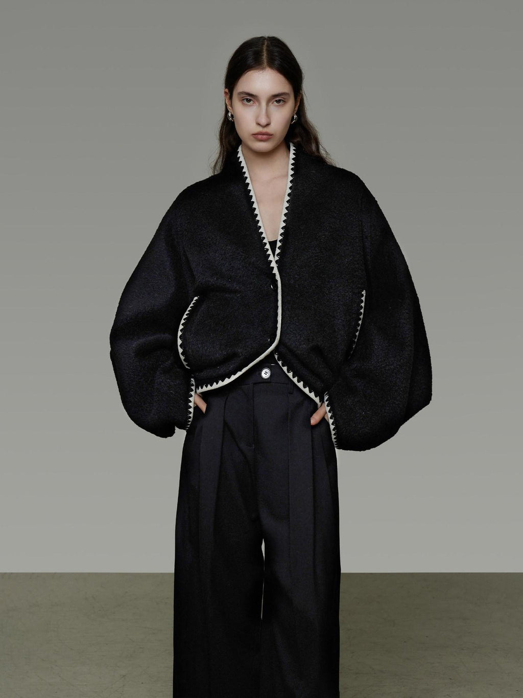 unspoken Minimalist Commuter Tailored Oversized V-neck Short Black Women Wool Coats