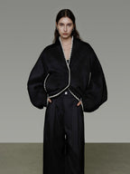 unspoken Minimalist Commuter Tailored Oversized V-neck Short Black Women Wool Coats