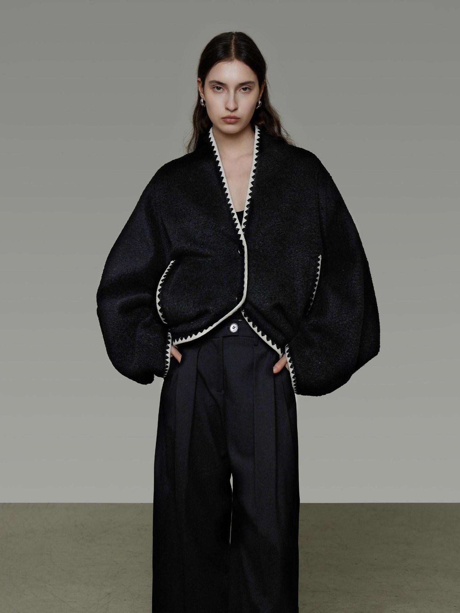 unspoken Minimalist Commuter Tailored Oversized V-neck Short Black Women Wool Coats
