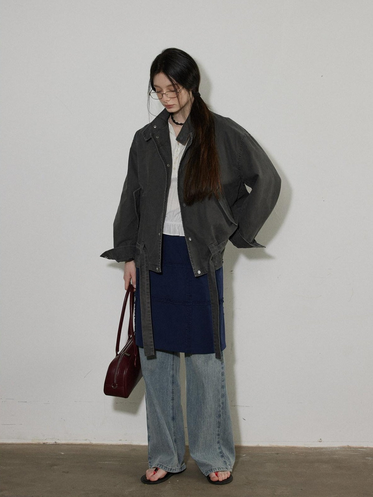 Lofi choose Breathable Drawstring Oversized Commuter Women Button Mud Gray Denim Jackets