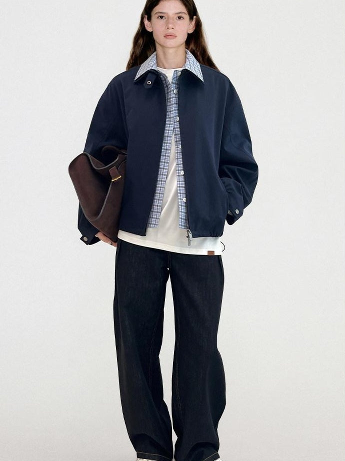 fano Warm Pure Cotton Relaxed Faux Two Layer Women Daily Navy Striped Cropped Jackets