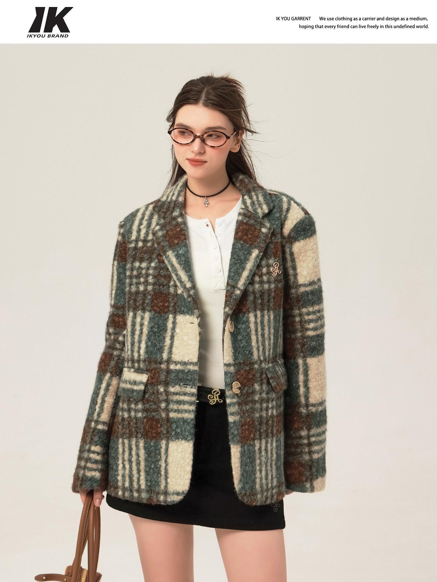 ikyou Minimalist Commuter Straight Fit Blazer Lapel Striped Flocked Office Wool Coats