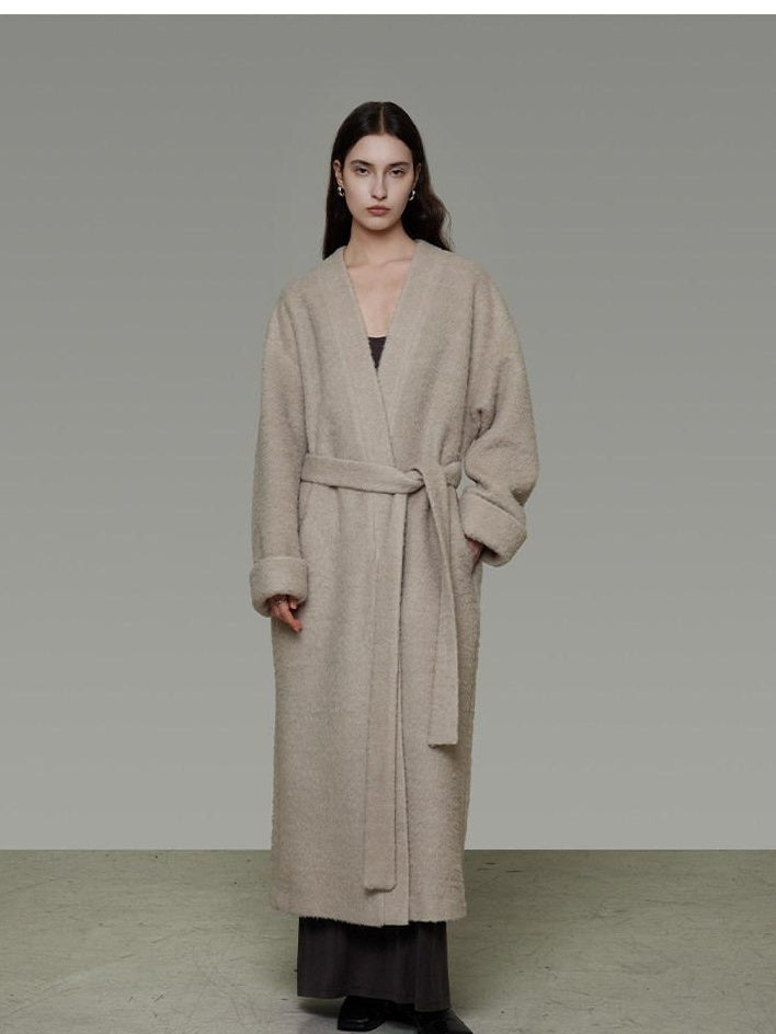 unspoken Cozy Sheepswool Belted Loose Fit Minimal Office V-neck Mid Length Wool Coats