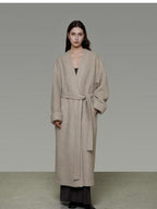 unspoken Cozy Sheepswool Belted Loose Fit Minimal Office V-neck Mid Length Wool Coats