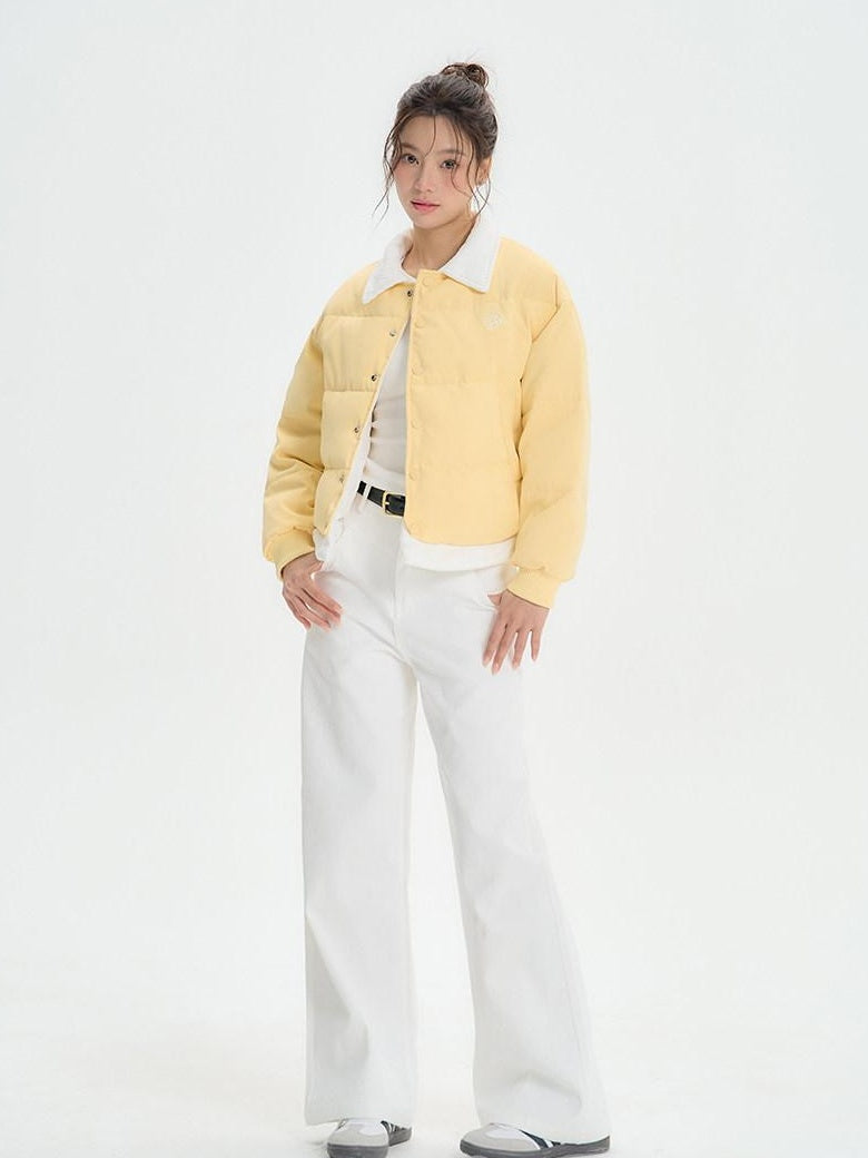 ikyou Thick Embroidered Patchwork Minimal Straight Crop Polo Yellow Puffer Jackets