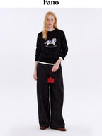 fano Cozy Acrylic Wool Blend Loose Pullover Crewneck Cute Animal Black Sweaters