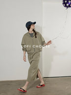 Lofi choose Hooded Zip Cardigan Loose Fit Long Sleeve Workwear Light Green Top & Skirt Sets