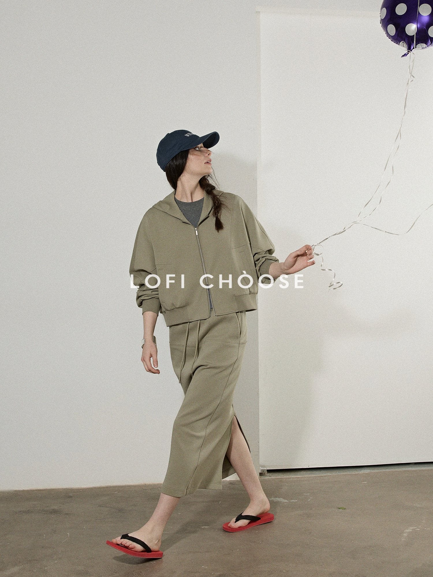 Lofi choose Hooded Zip Cardigan Loose Fit Long Sleeve Workwear Light Green Top & Skirt Sets