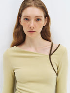 someonesometimes Stretch Casual Slim Asymmetric Neck Women Lemongrass Yellow Long Sleeve T-Shirts