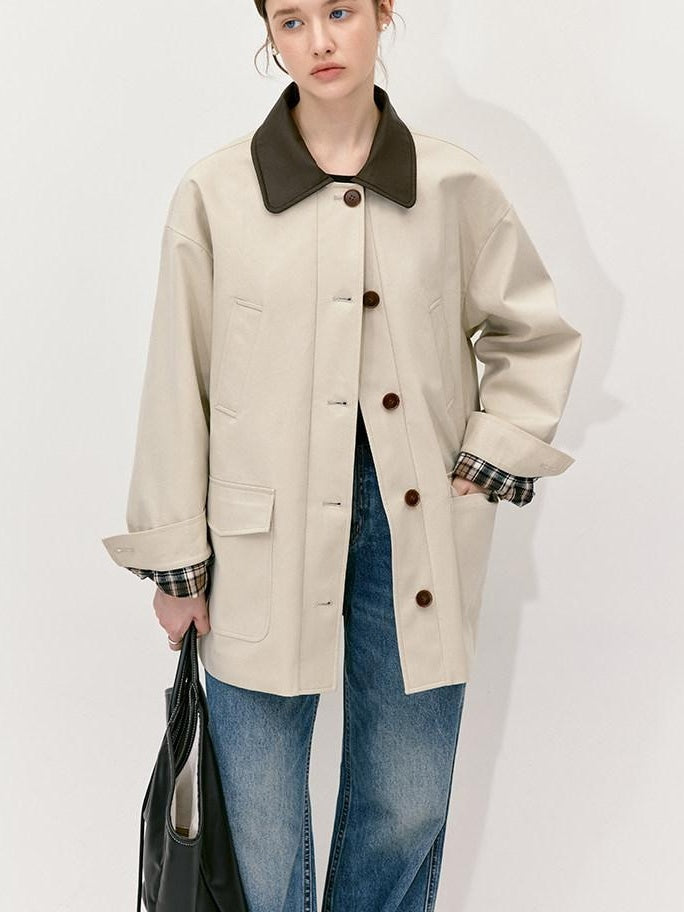 fano Patchwork Loose Fit Korean Casual 100 Percent Cotton Green Khaki Short Coat