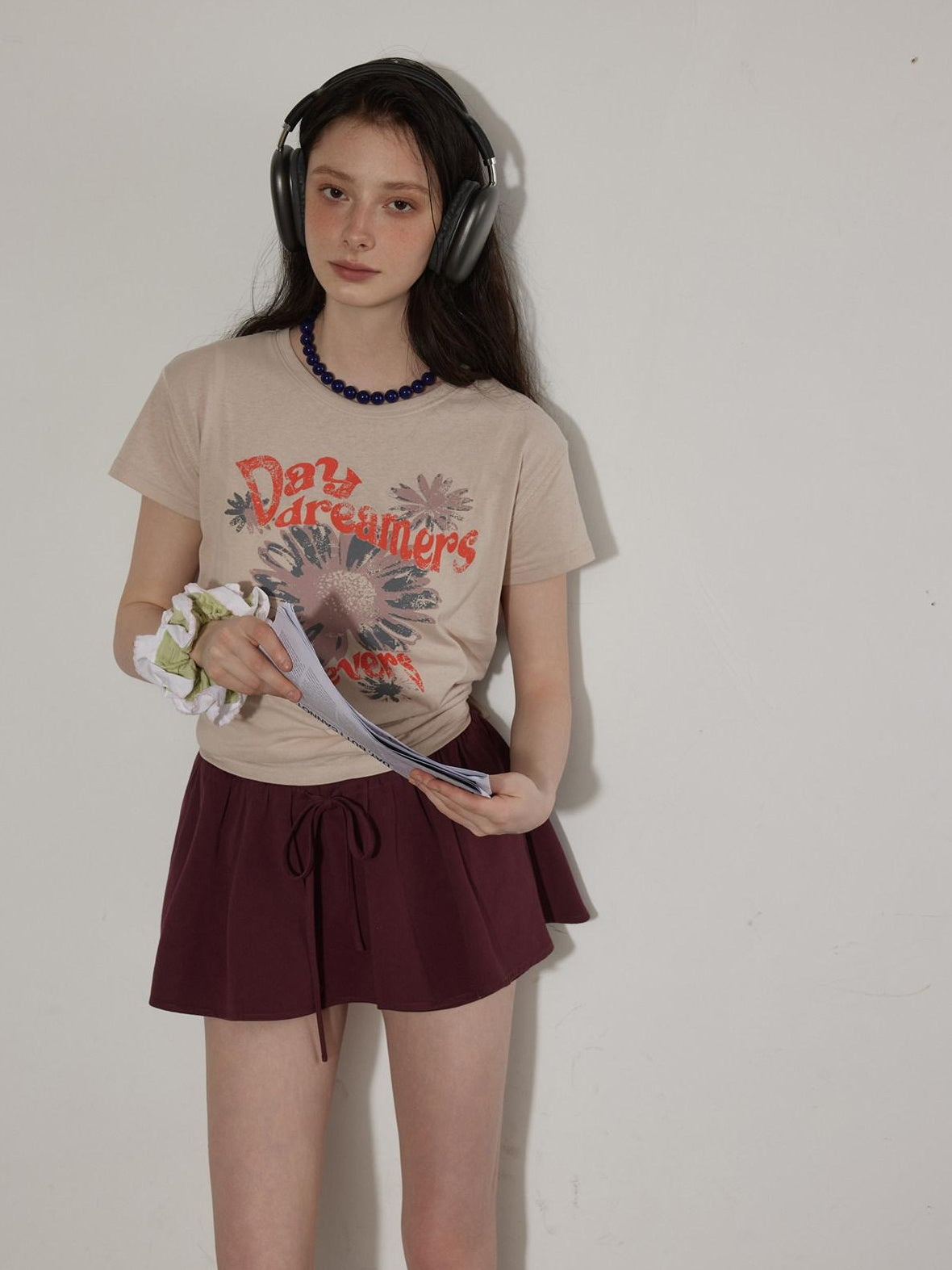 Lofi choose Cotton Floral Printed Loose Casual Round Neck Women Blue Short Sleeve T-Shirts
