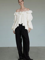 unspoken Breathable Viscose Ruffle Collar Loose Minimal Office Women Pullover Blouses