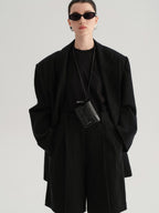 audreyyang Cotton Linen Blend Double Breasted Relaxed Casual Women Commuter Black Blazers